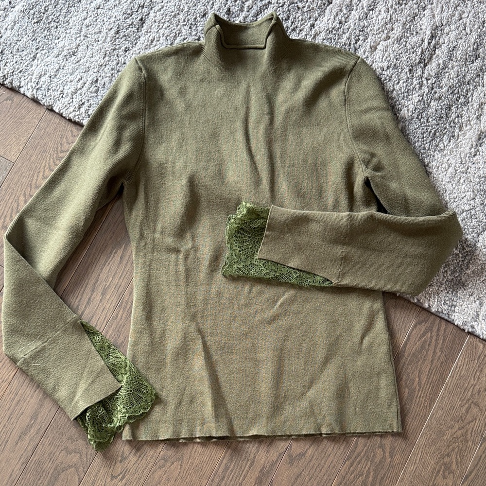 Commense Olive Green Turtleneck Sweater with Lace Cuffs